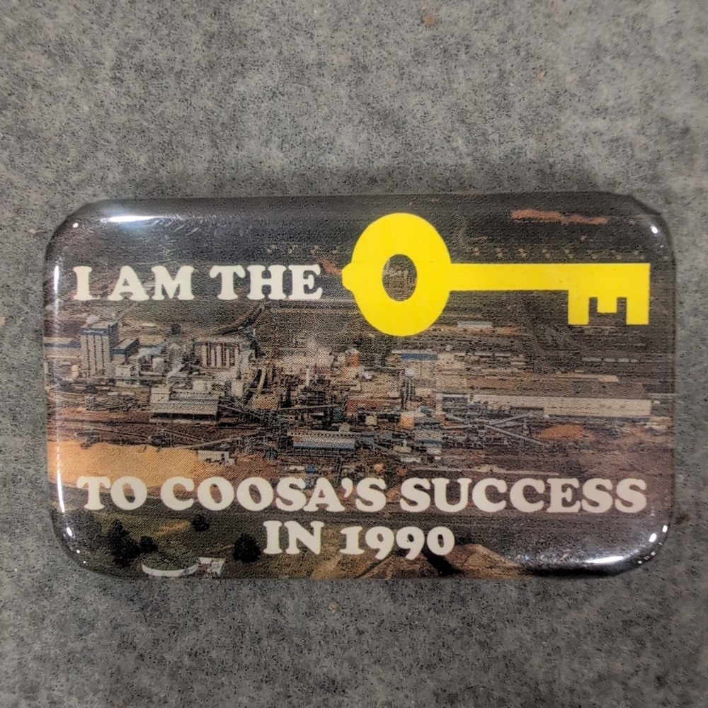Vtg 1990 Coosa Success Pinback Button Rectangular Industrial Mill Newsprint AL